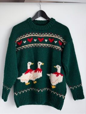 Vintage Hand Knit Duck Sweater Dark Green Chunky Heavyweight Fair Isle Hearts
